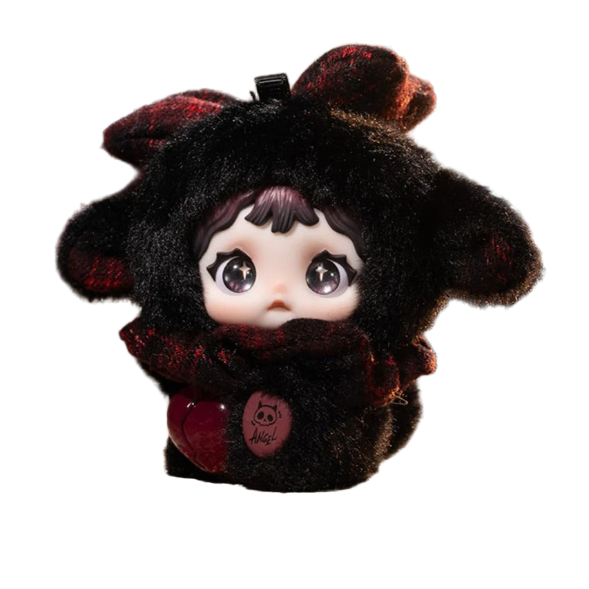 Saint? black-and-red plush doll with dark red heart and pink belly patch on a white background