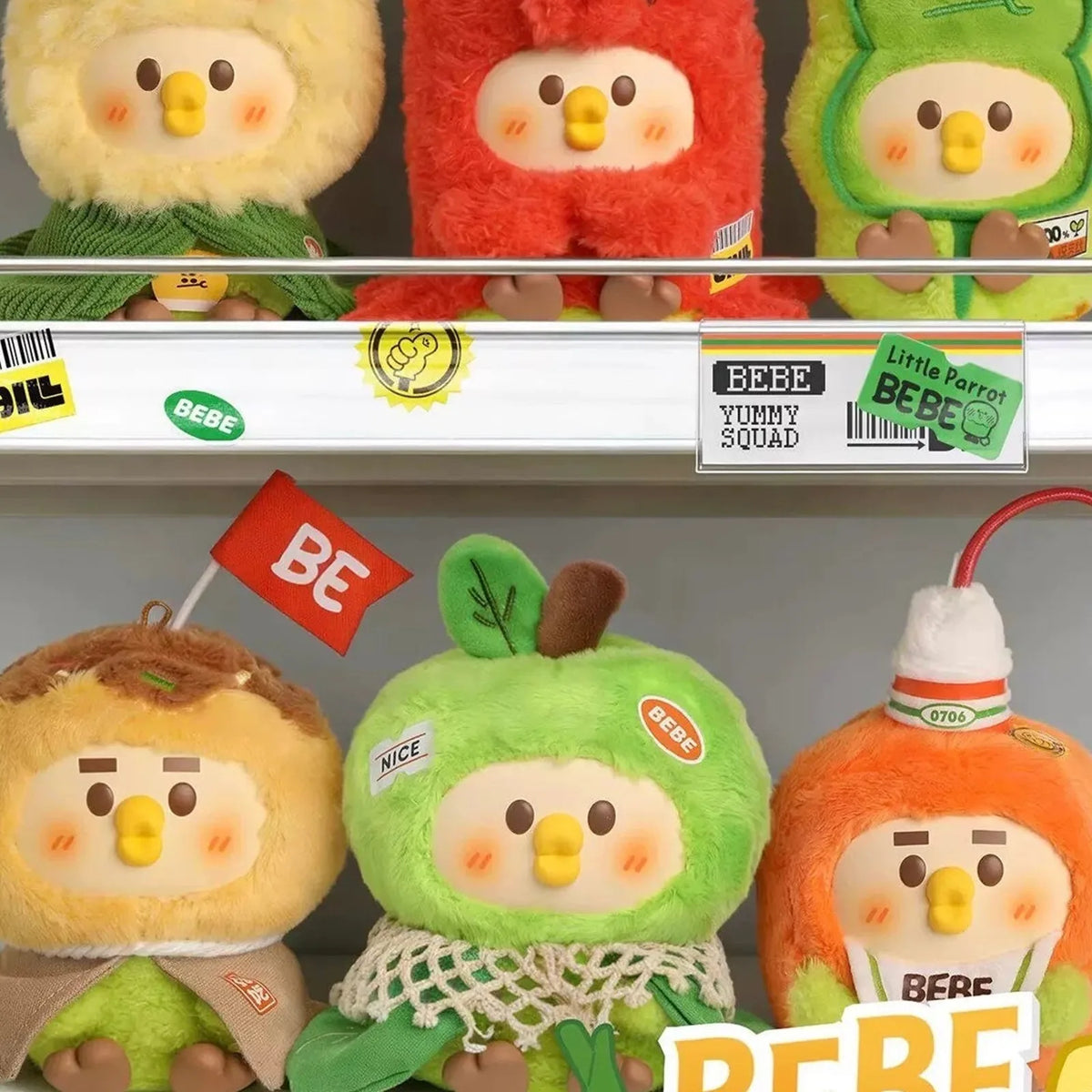 Little Parrot BEBE Foodie Club plush series examples in a display case; not single-box or guaranteed six-box contents