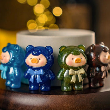 LuLu The PIGGY Teddy MINI blue and green bear-costume figure designs shown in full as random-bag examples.
