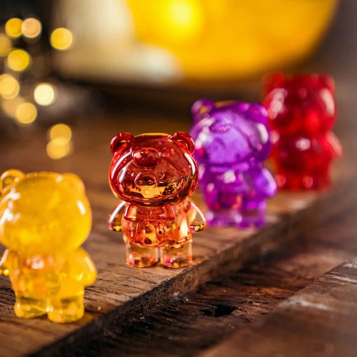 LuLu The PIGGY Teddy MINI red, purple and yellow translucent-looking design details; pictured designs are not guaranteed.