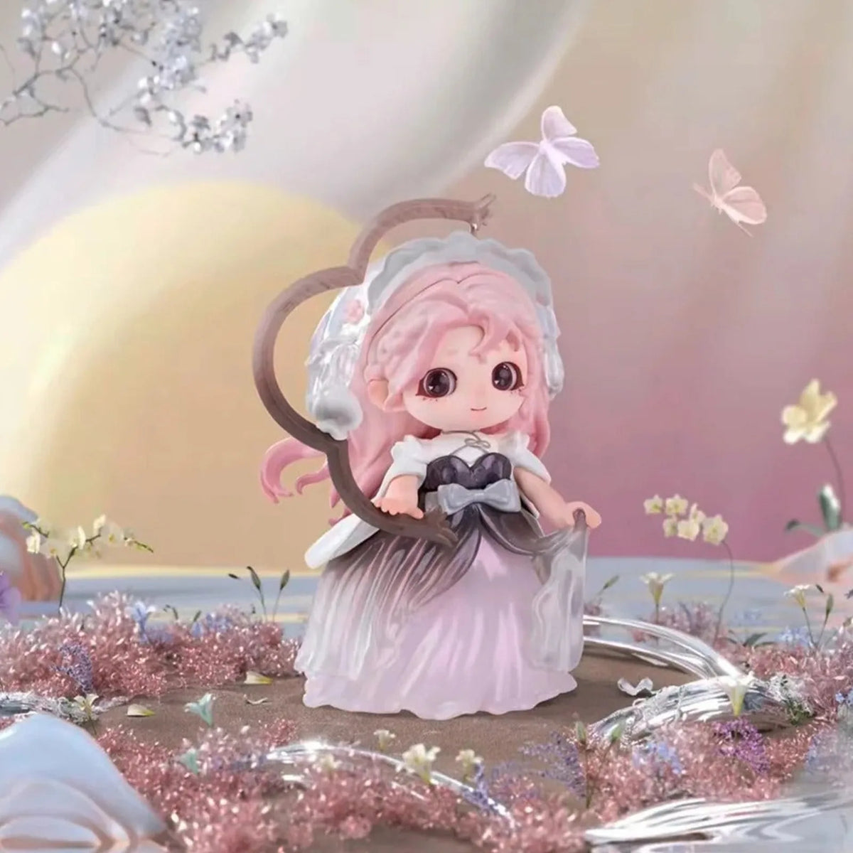 Pink-haired JOY figure in a pale dress beside a mirror; random-series example | KikiBuddies