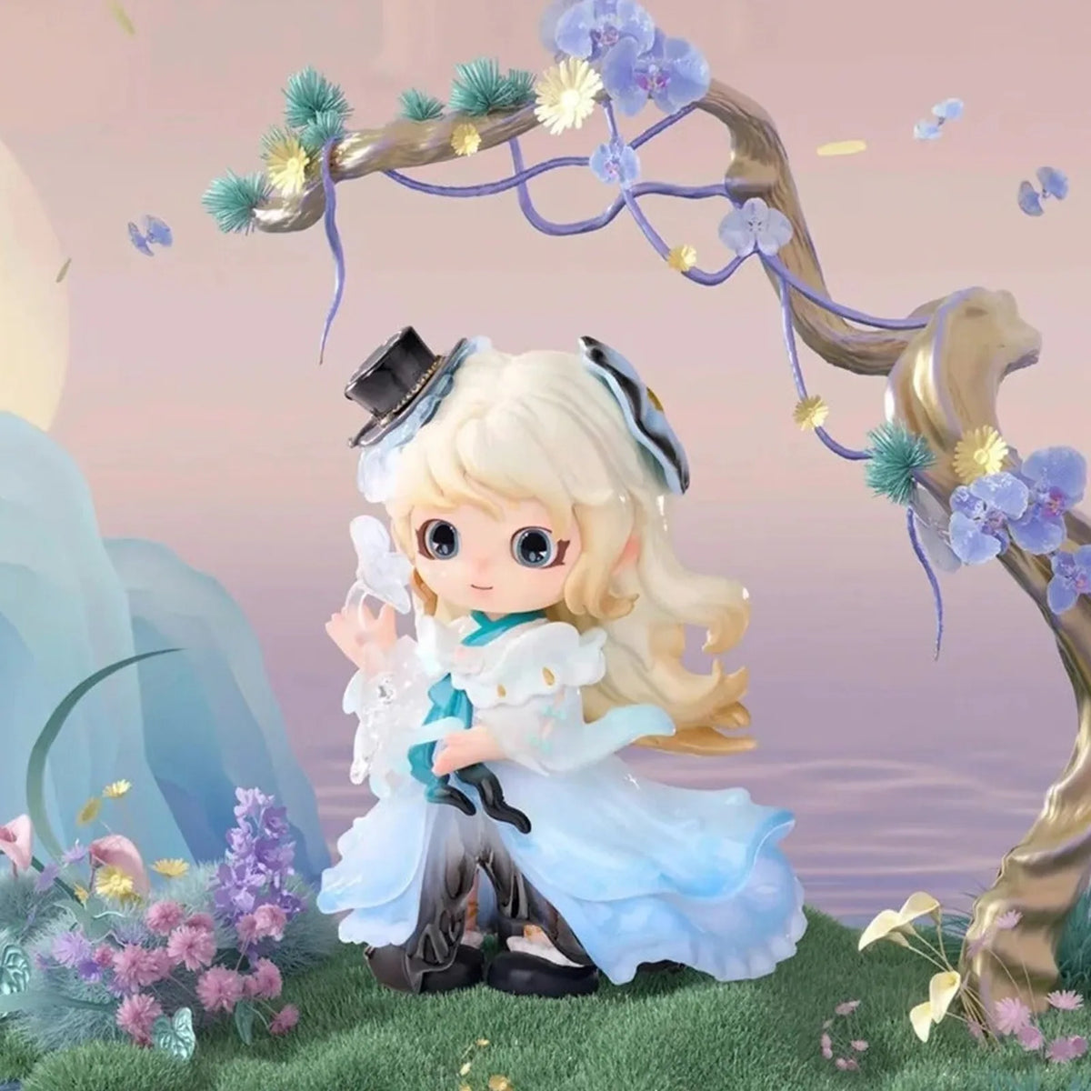 Pale-haired JOY figure in a blue dress beside a sculpted tree; random-series example | KikiBuddies