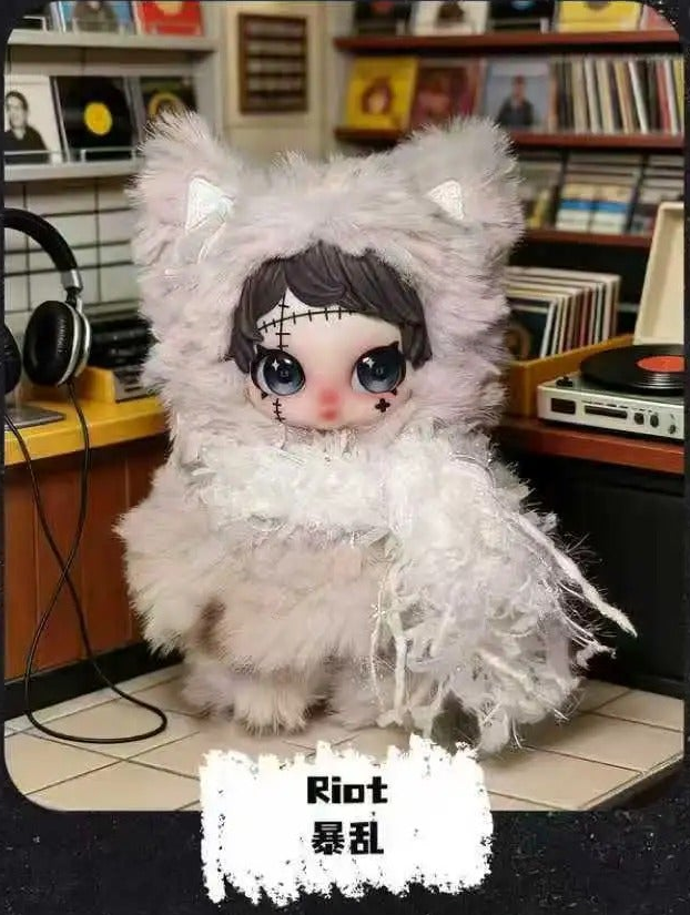 Complete Riot white plush design example with full ear tips, face, outfit, arms and lower body; original source label retained; random design not guaranteed; random purchases do not guarantee this design