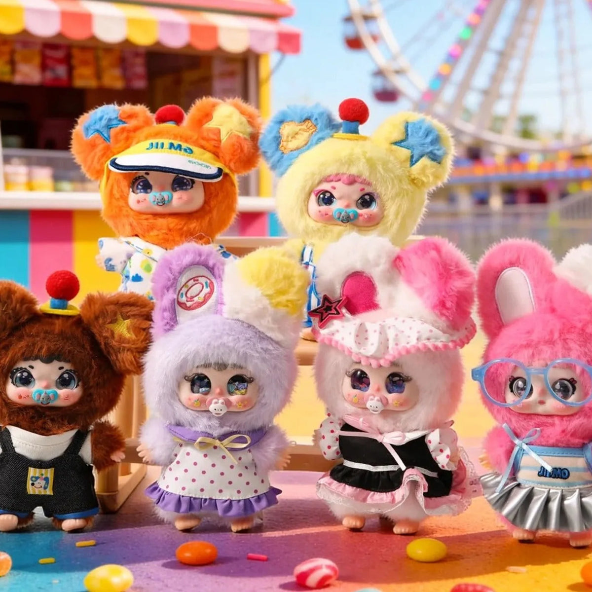 Jiimo Rolling Carnival 80% plush costume designs displayed together in a carnival scene; series examples, not guaranteed set contents.