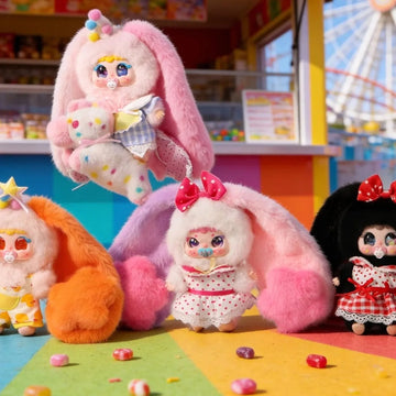Jiimo Rolling Carnival 80% pink animal-costume plush designs shown with outfit and feet visible; random designs are not guaranteed.