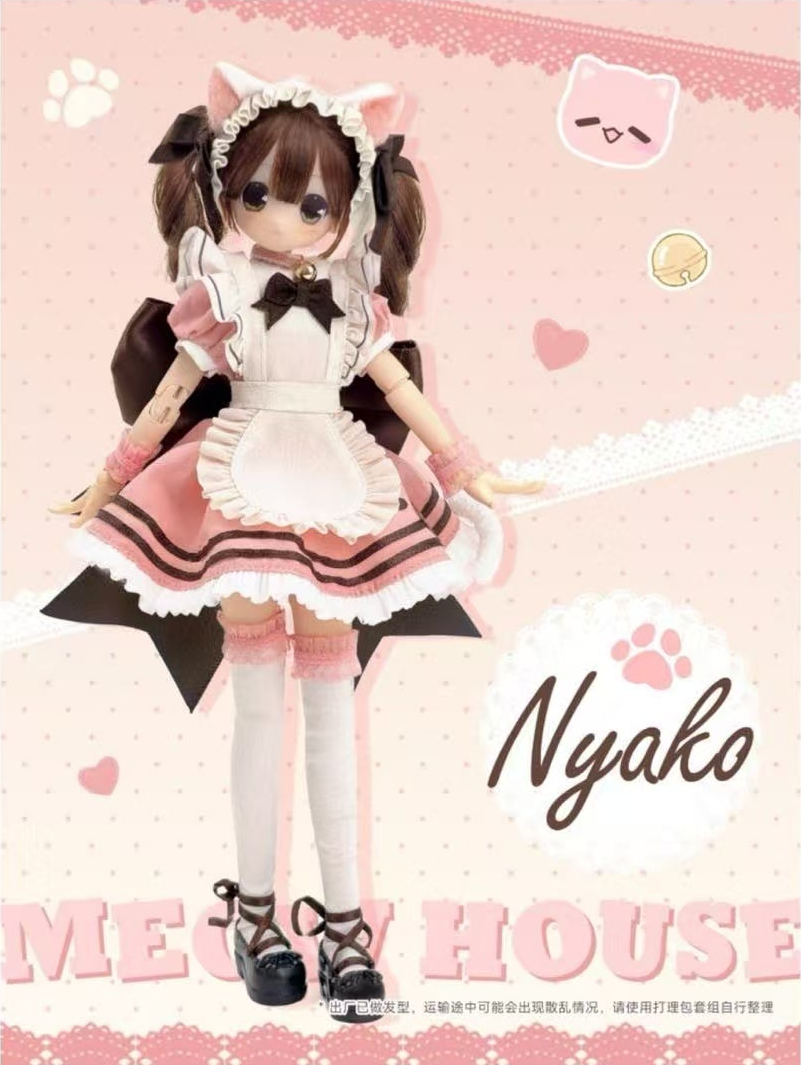 Complete Nyako BJD figure design example with cat-ear headwear, face, hands, dress, legs and shoes; original source label retained; random design not guaranteed; random purchases do not guarantee this design