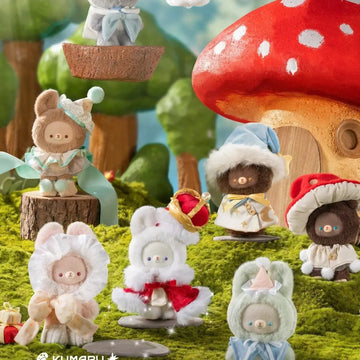 KUMARU Fairy Tale Town plush character group in a woodland display; illustrative series designs, random-box contents vary