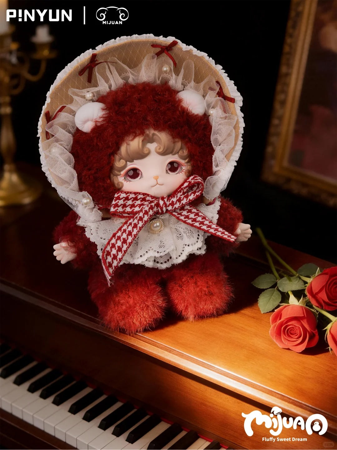 Complete red plush doll design example with full bonnet rim, lace details, face, scarf, hands and feet; manufacturer branding retained; random design not guaranteed; random purchases do not guarantee this design