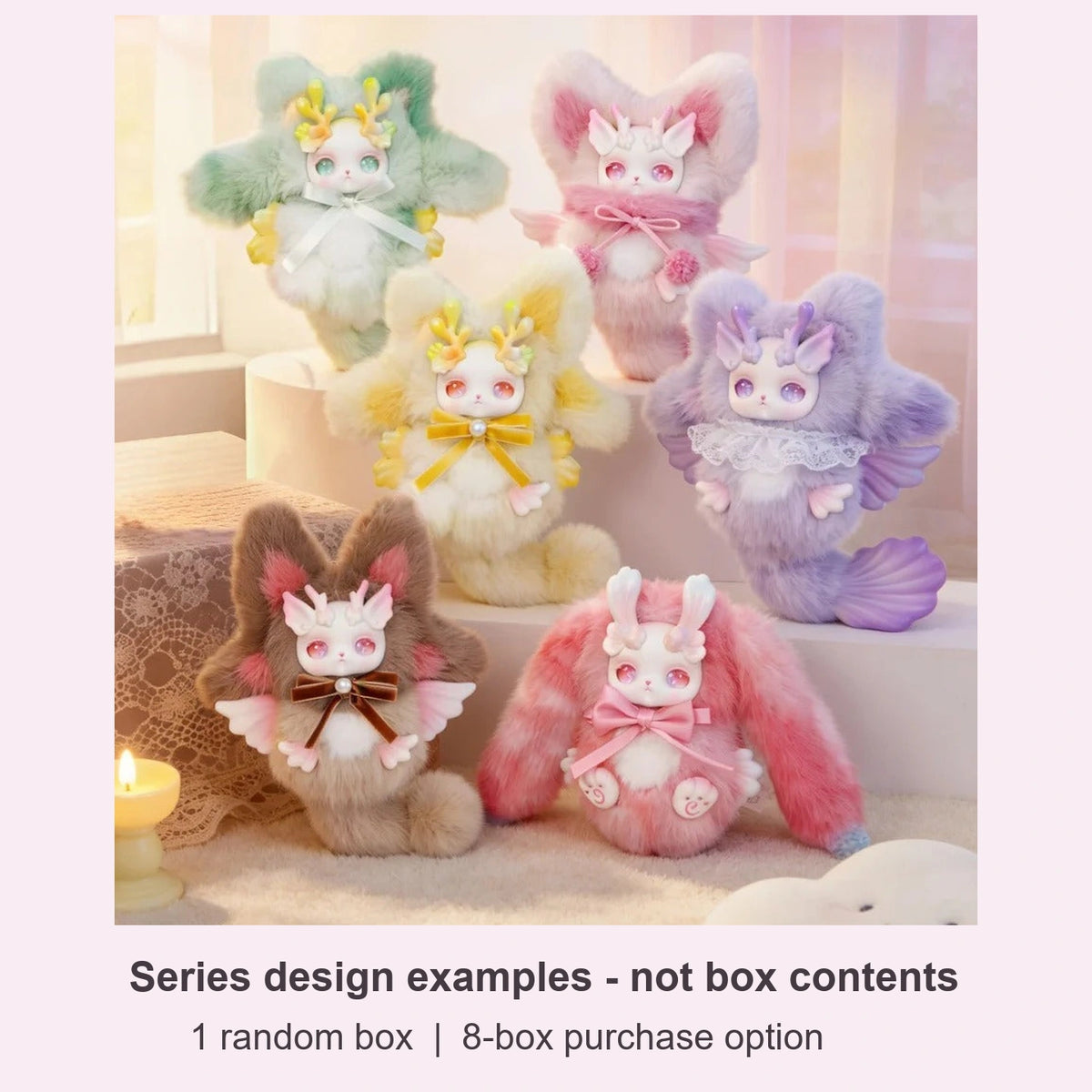 LOLOAN complete physical plush design examples in a soft greenhouse scene; six pictured examples are not the contents of one random box or the 8-box option