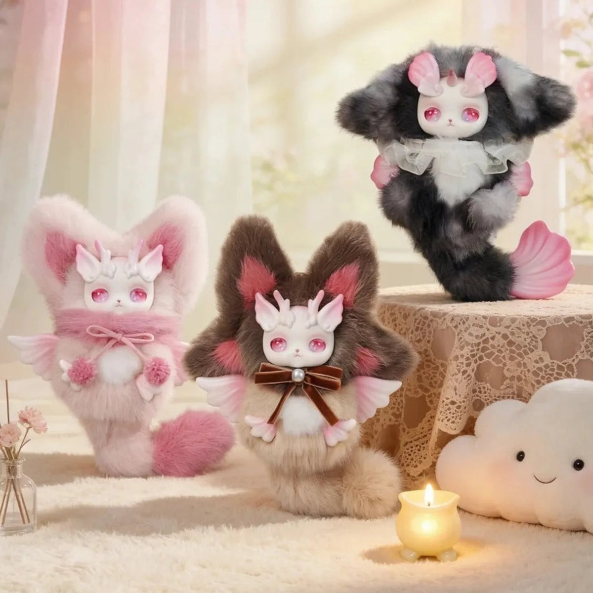 LOLOAN pink, brown and black plush design display detail; series reference, random purchase does not guarantee pictured designs