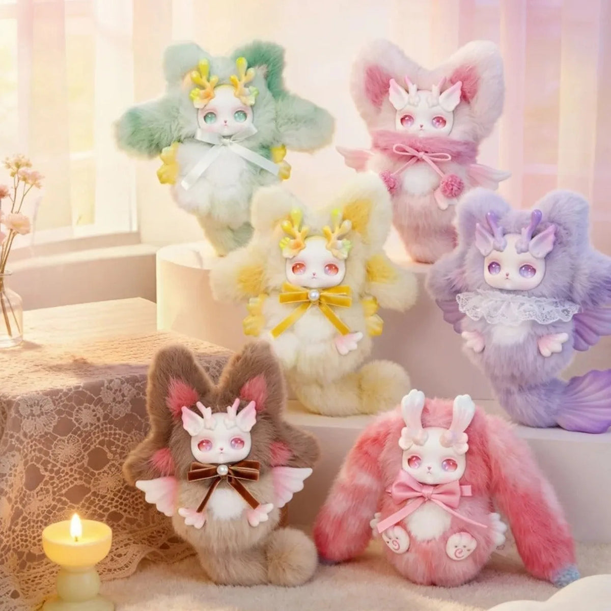 LOLOAN soft-color plush character design examples in a window scene; series reference, random purchase does not guarantee pictured designs
