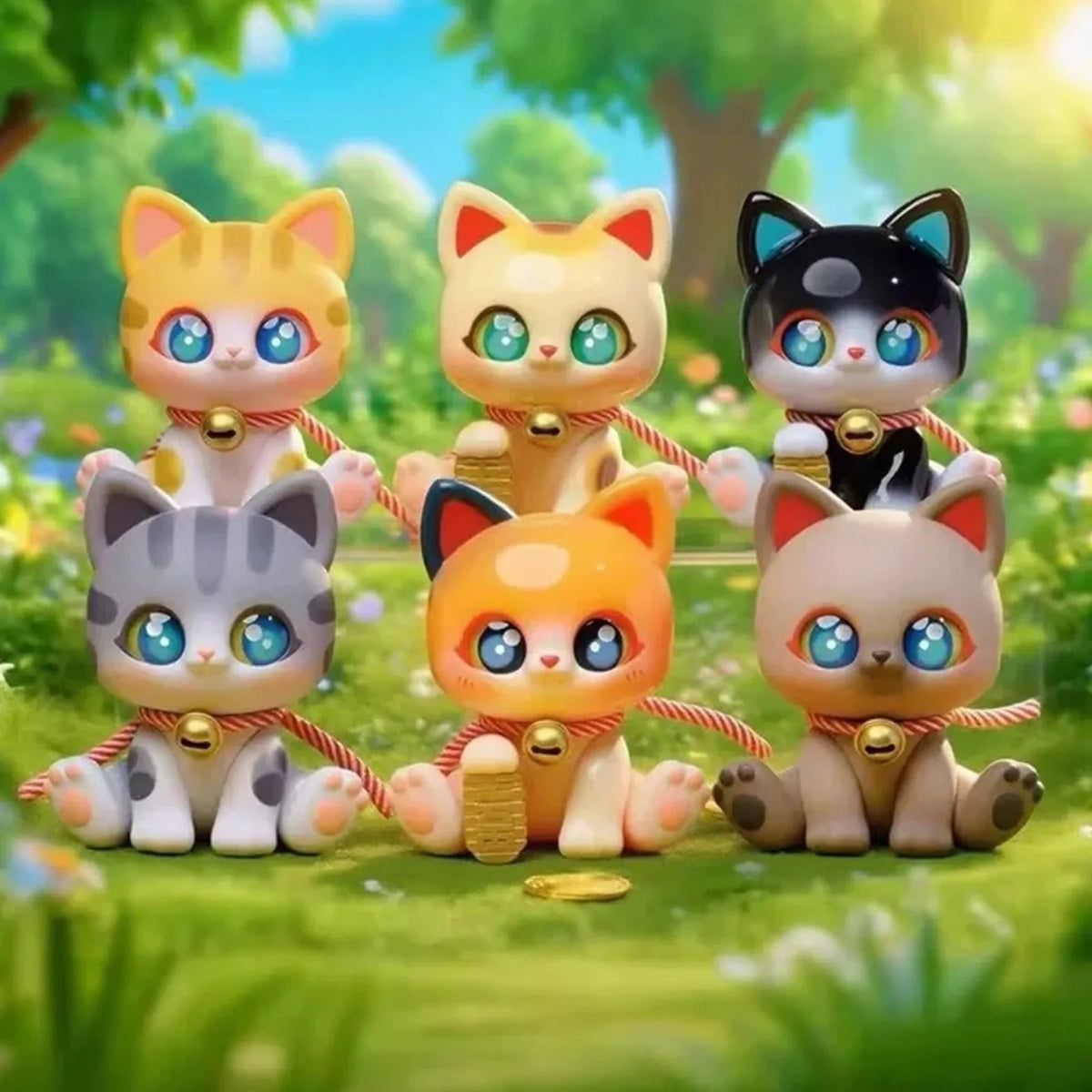 Lucky Picoco Cloak Cat character designs grouped in a woodland display; illustrative lineup, random-box contents vary