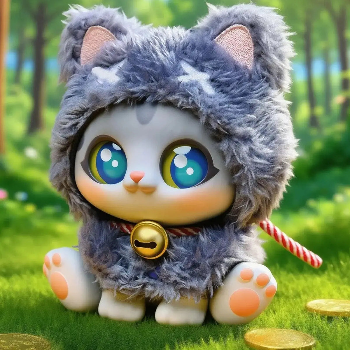 Lucky Picoco Cloak Cat grey plush hood shown from the front with a gold bell; illustrative series design