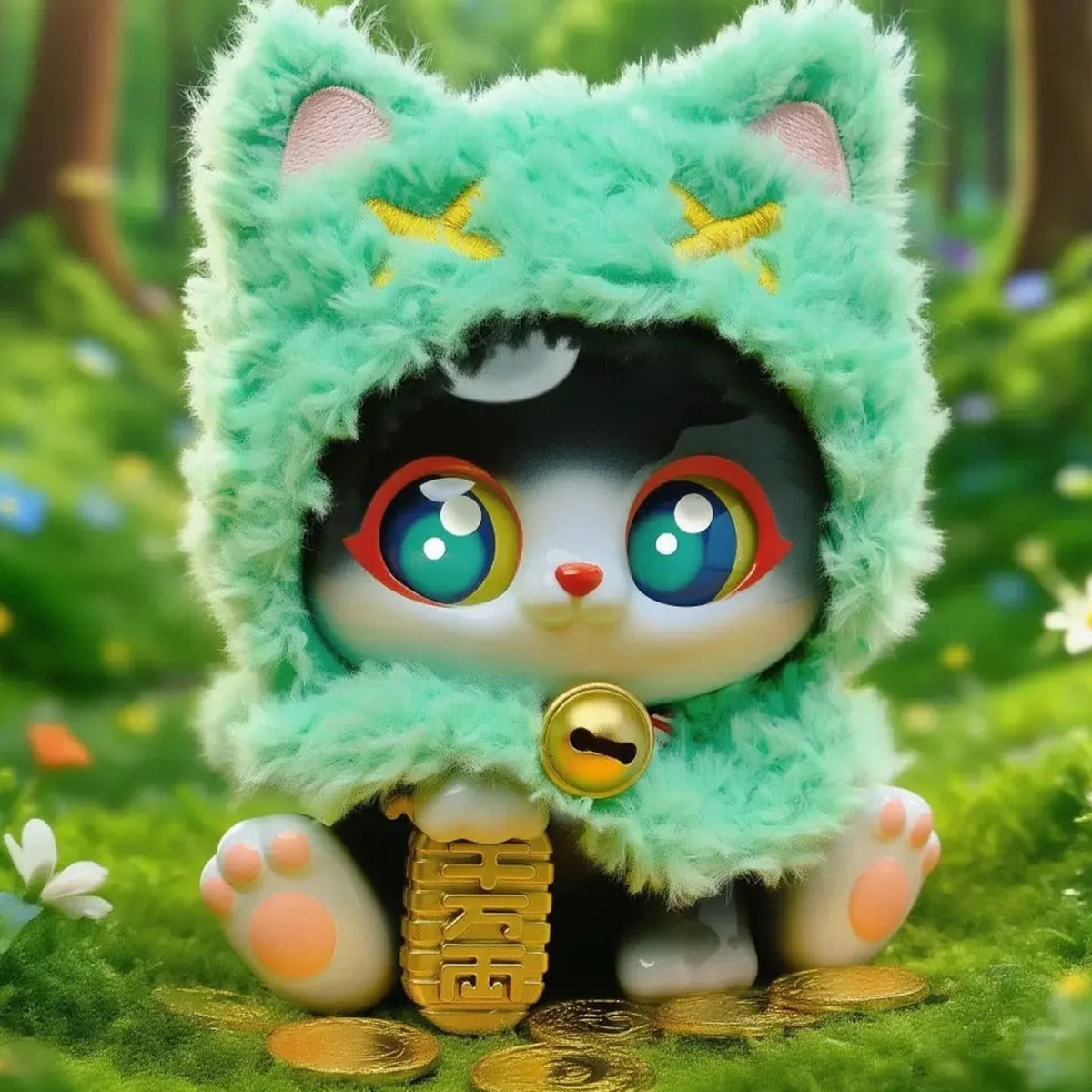 Lucky Picoco Cloak Cat mint-green plush hood with a gold ornament; illustrative series design