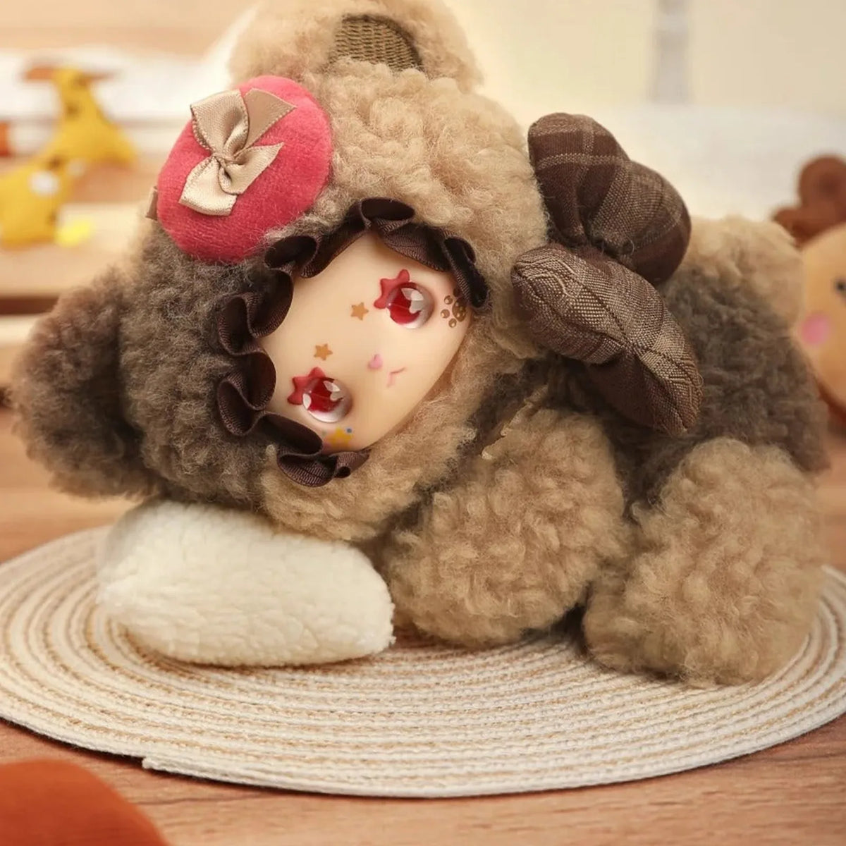 Lovely Emma Little Bear Adoption Guide Series Plush Blind Box — Brown bear-costume plush example with bow and ruffled face frame