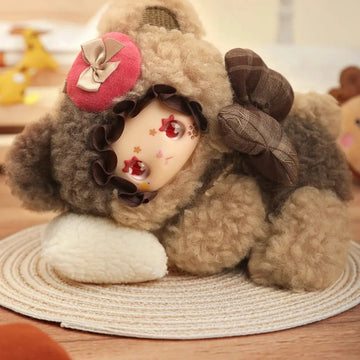Lovely Emma Little Bear Adoption Guide Series Plush Blind Box — Brown bear-costume plush example with bow and ruffled face frame