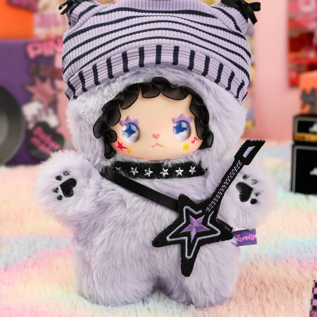 Lovely Emma Punk Era Rock Cat plush face and costume close-up; example design