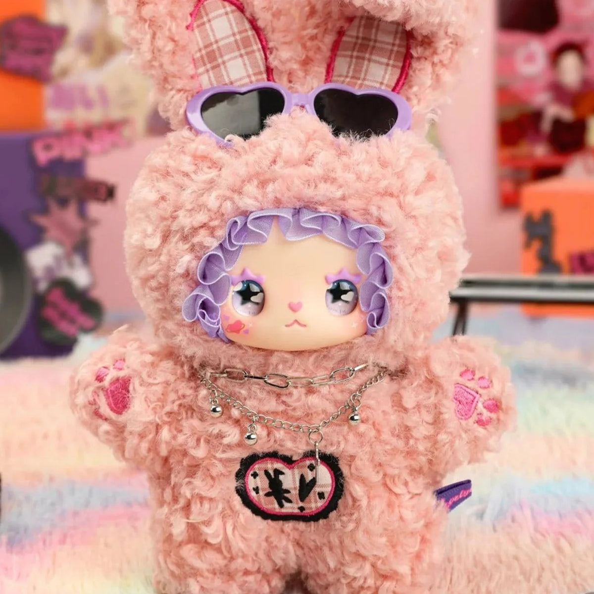 Lovely Emma Punk Era pink rabbit plush costume close-up; example design