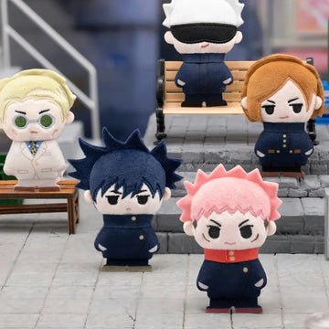 Jujutsu Kaisen plush brooch designs with pink-haired and dark-haired characters on steps; illustrative series group