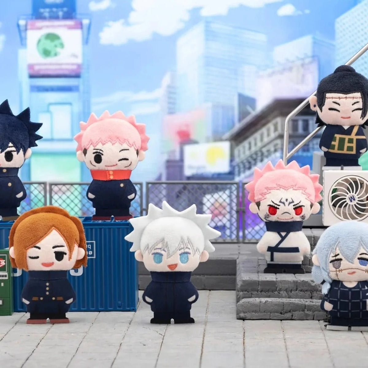 Jujutsu Kaisen plush brooch group with white-haired and pink-haired designs on city steps; illustrative series scene