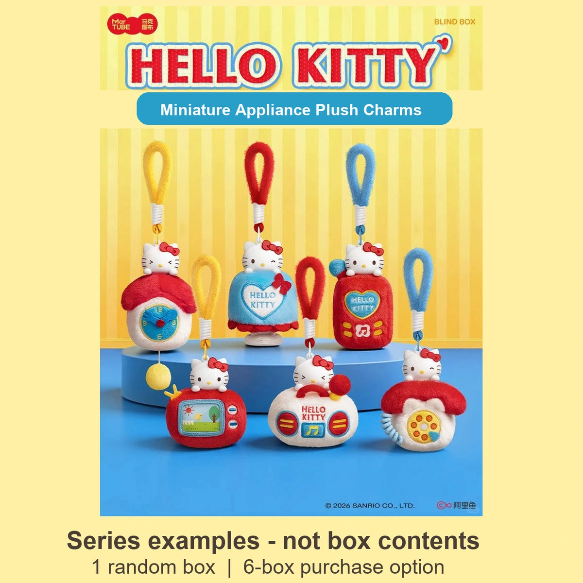 Hello Kitty miniature appliance-shaped plush charm series examples with full loops and original factory/copyright marks; not guaranteed contents of one random box or the 6-box option