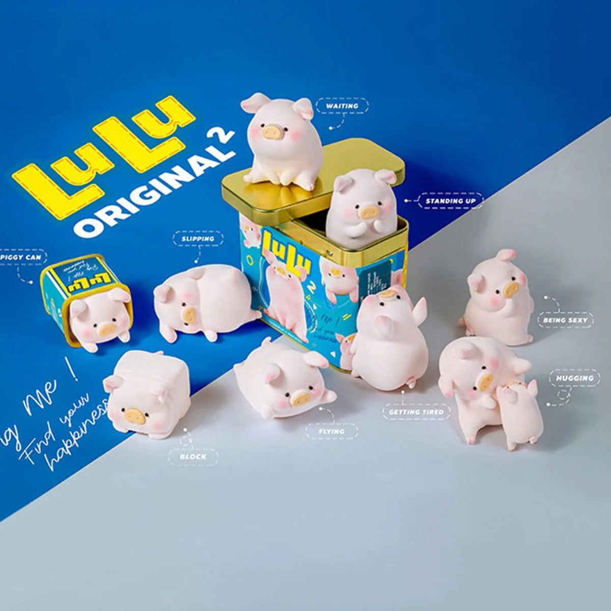 LuLu the Piggy Original 2nd Series figure range and tin packaging; illustrative, box contents vary