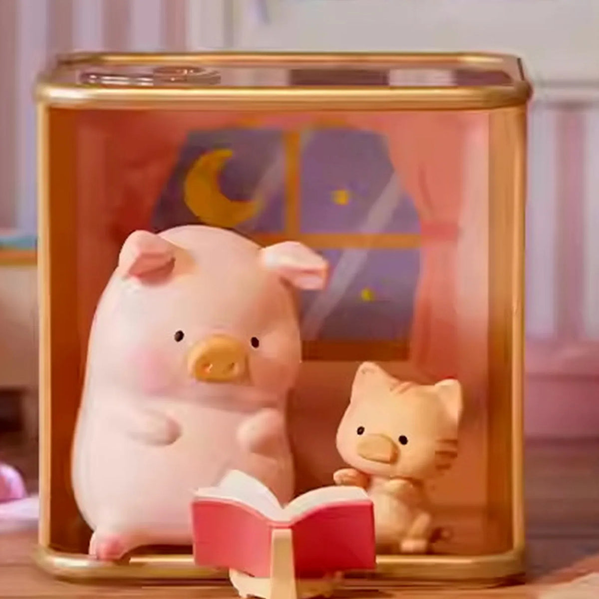 Lulu the Piggy Pleasure Time Series Figure Blind Box — Room-scene figure example with a piggy reading beside a smaller piggy; series example, not a guaranteed selection