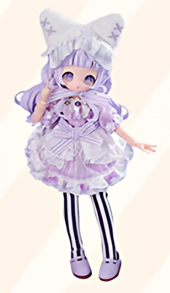 Complete lilac-haired figure design example with cat-ear headwear, face, hands, layered dress, striped legs and both shoes; random design not guaranteed; random purchases do not guarantee this design