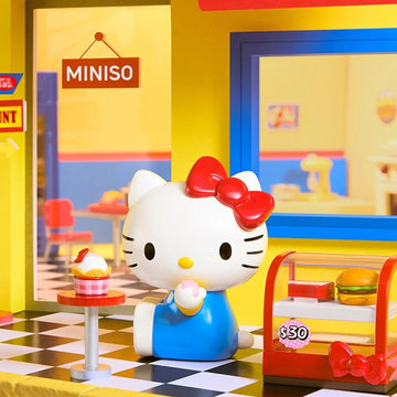 Hello Kitty holding a diner dessert in an original MINISO scene; exact series reference, random purchase does not guarantee pictured design