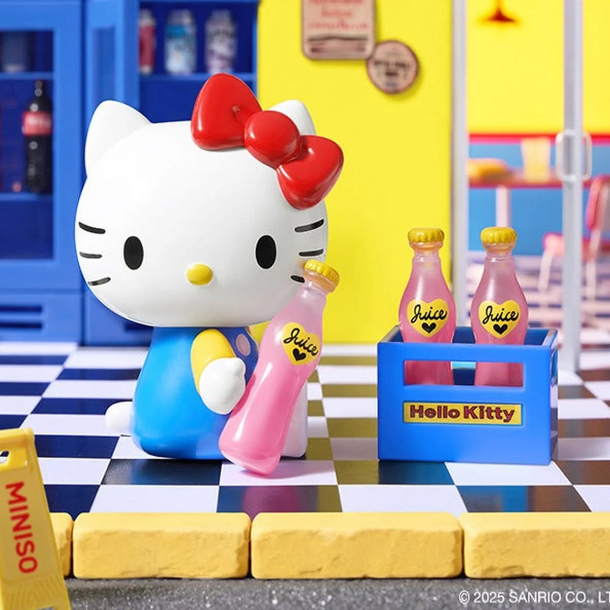 Hello Kitty holding a juice bottle beside the diner counter; exact series reference, random purchase does not guarantee pictured design