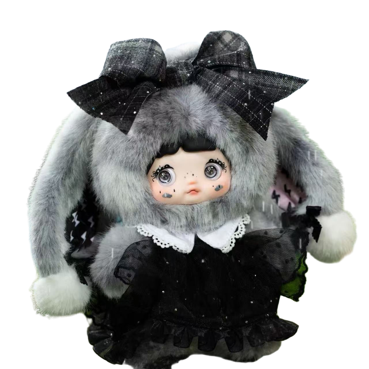 NOMMI Weather Forecast DARKNESS gray long-eared plush doll with black bow, black dress and white collar