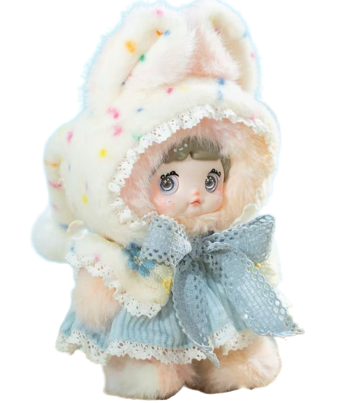 NOMMI Weather Forecast SUNSHINE cream plush doll with sprinkle-pattern hood, lace trim and pale blue bow