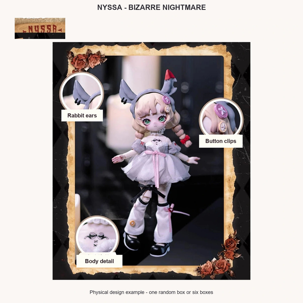 Nyssa Bizarre Nightmare Series BJD Figures, Blind Box - complete physical series design example; character is not selectable with one random box