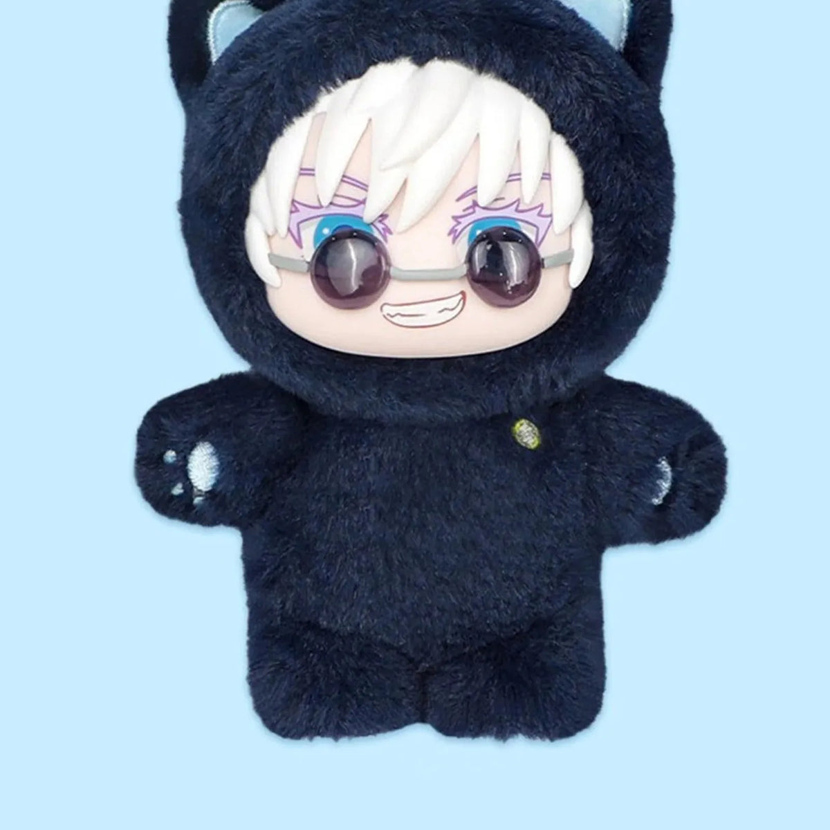 Satoru Gojo cat-ear plush in dark costume; named option reference