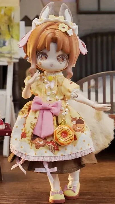 Complete Minty doll design example with animal ears, dress, tail and shoes; random purchases do not guarantee this design; scenery is display context