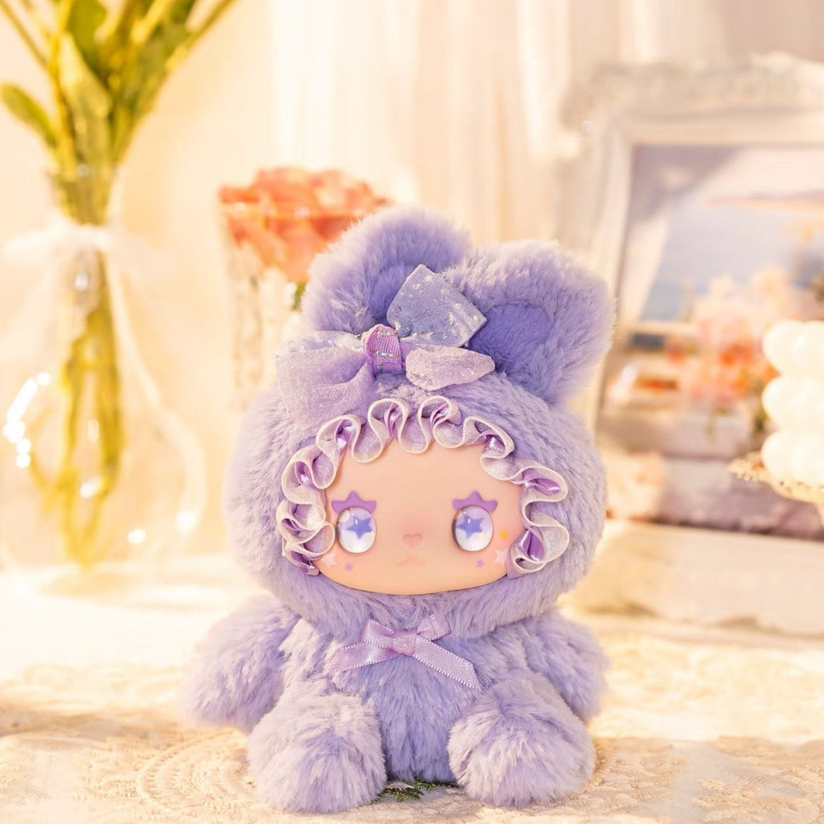Purple bunny-outfit plush doll design; exact series reference, random purchase does not guarantee pictured design