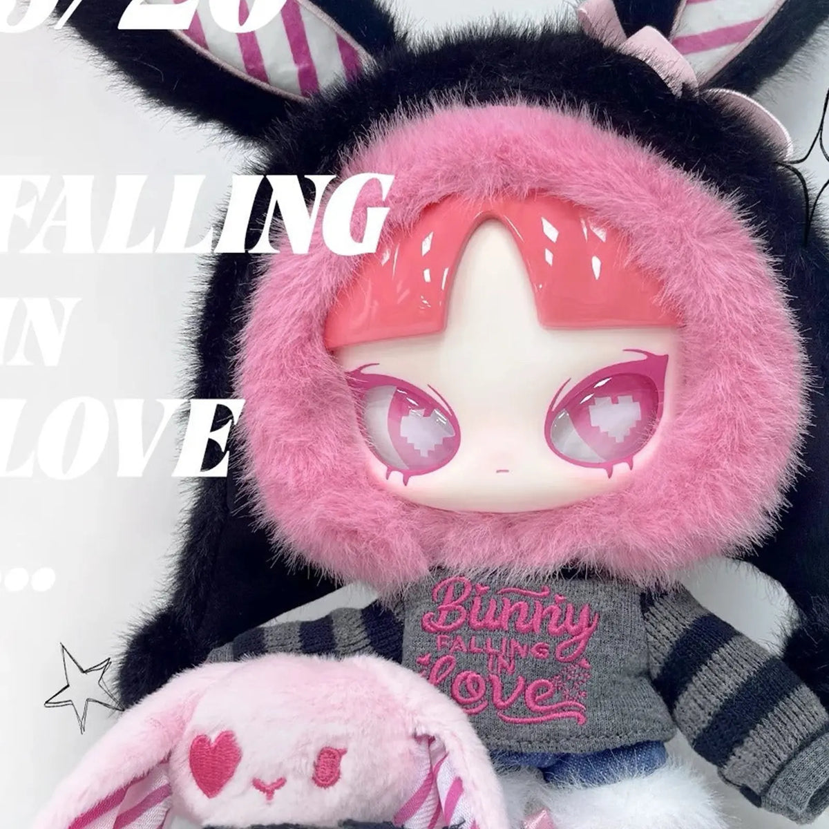 Bunny Falling in LOVE plush pink hood and face detail; cropped detail view