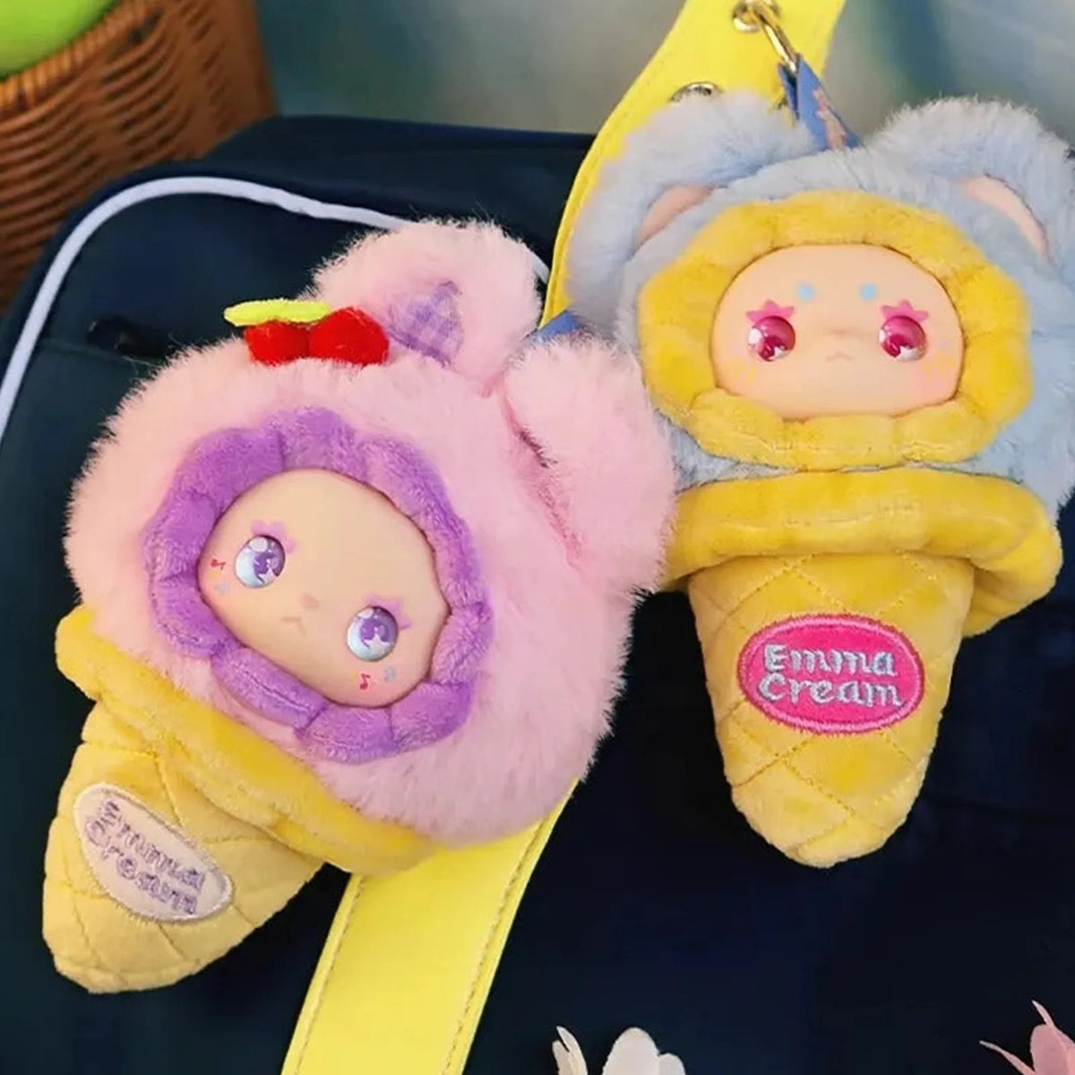 Two EMMA ice-cream plush designs styled on a bag; series design example | KikiBuddies