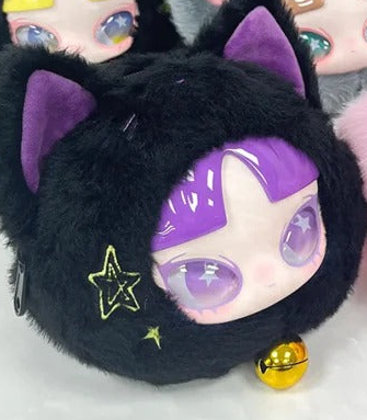 Complete black-cat plush design example with purple hair and bell; random purchases do not guarantee this design; neighboring designs are background examples