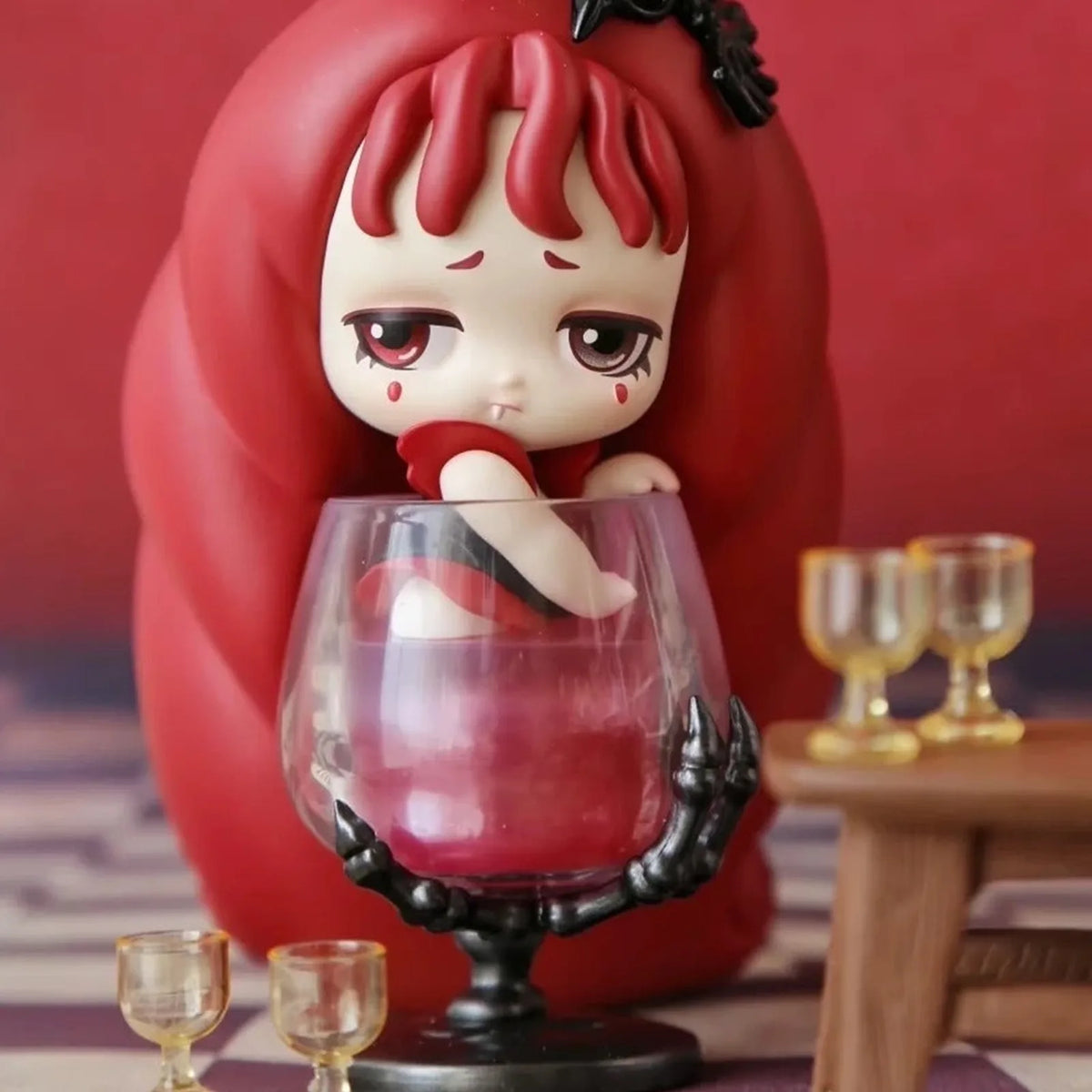 Lilith red-haired figure in a glass-shaped display design; series design example | KikiBuddies