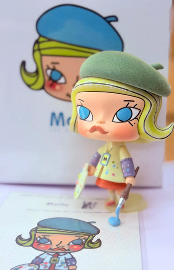POP MART MOLLY 20th Anniversary Edition She Is From 2006 Series Blind Box - Complete MOLLY painter figure example with packaging and printed card shown as context; random design not guaranteed