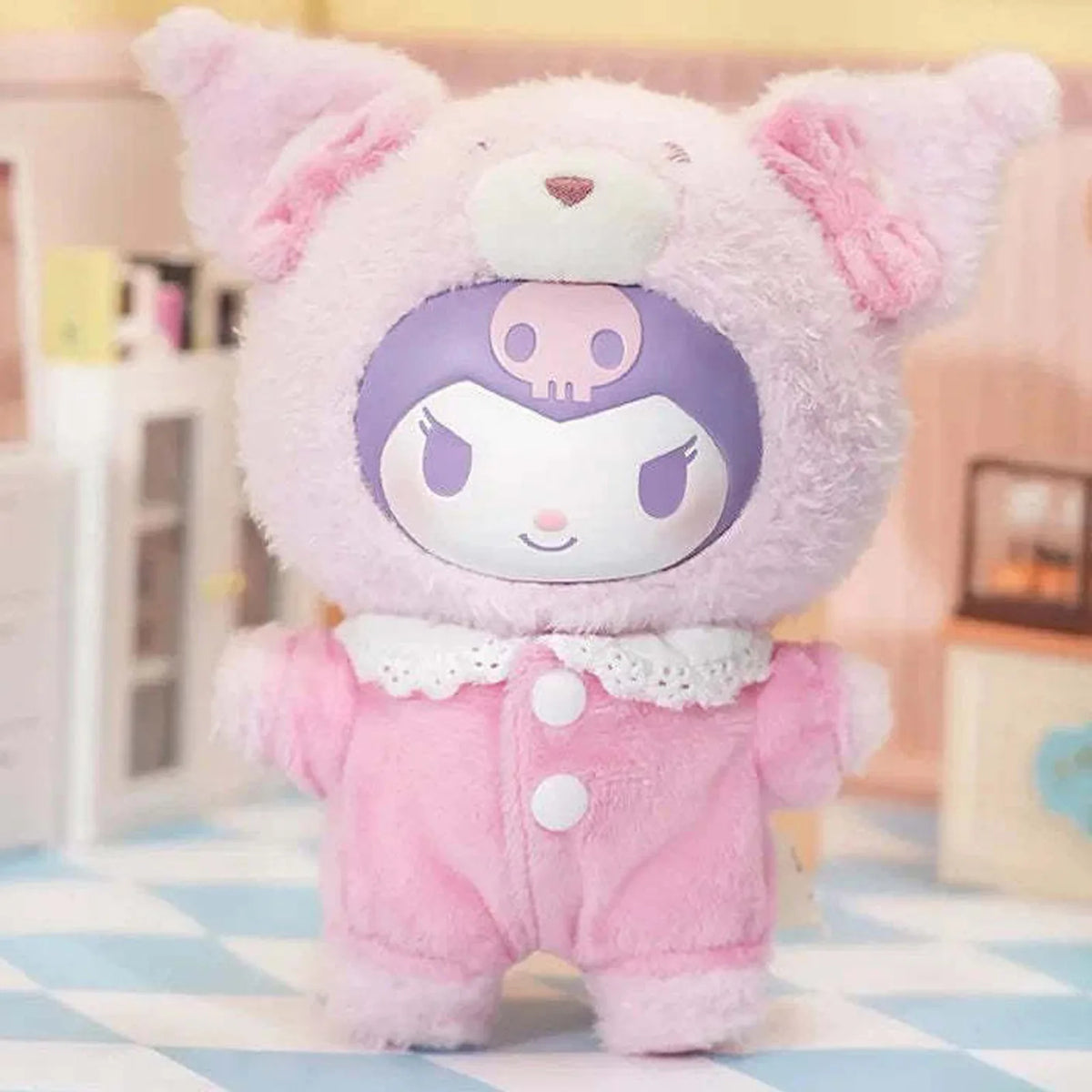KUROMI Peach Berry plush, pink outfit and vinyl face front detail; room scenery not included