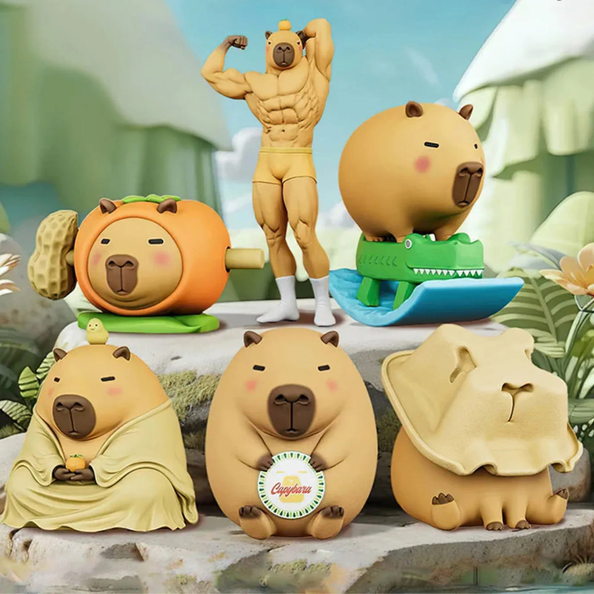 Luck Moai Capybara figures, group display; series design example | KikiBuddies