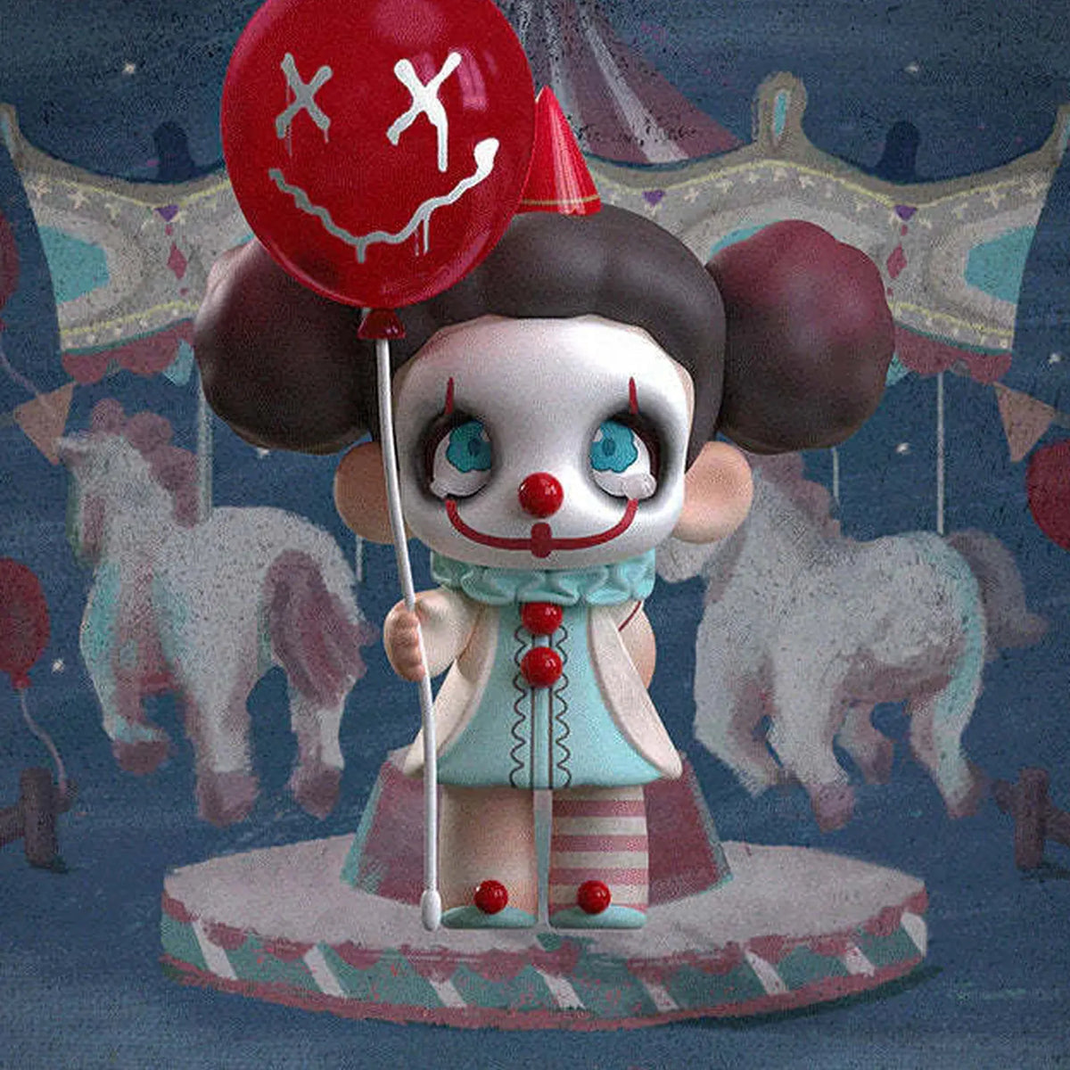 Kasa clown-styled figure holding a red balloon; series design example | KikiBuddies