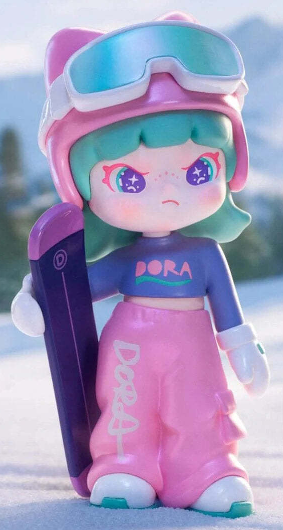 Complete green-haired Dora snowboard figure example with full helmet, goggles, hands, board, pink outfit and both shoes; random design not guaranteed