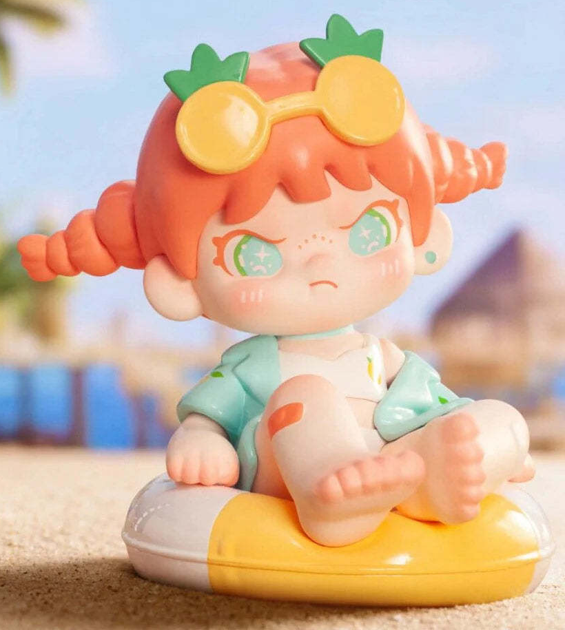 Complete orange-haired Dora pineapple-glasses figure example with full hair, hands, feet and entire yellow float-shaped display base; random design not guaranteed