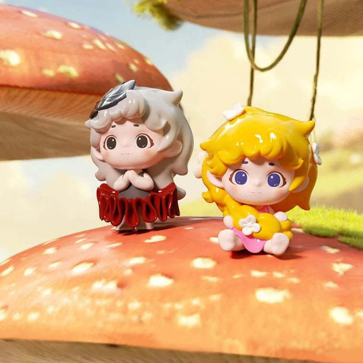 Huntstar Map mini figure scene showing grey-haired and yellow-haired designs on a mushroom; series reference only