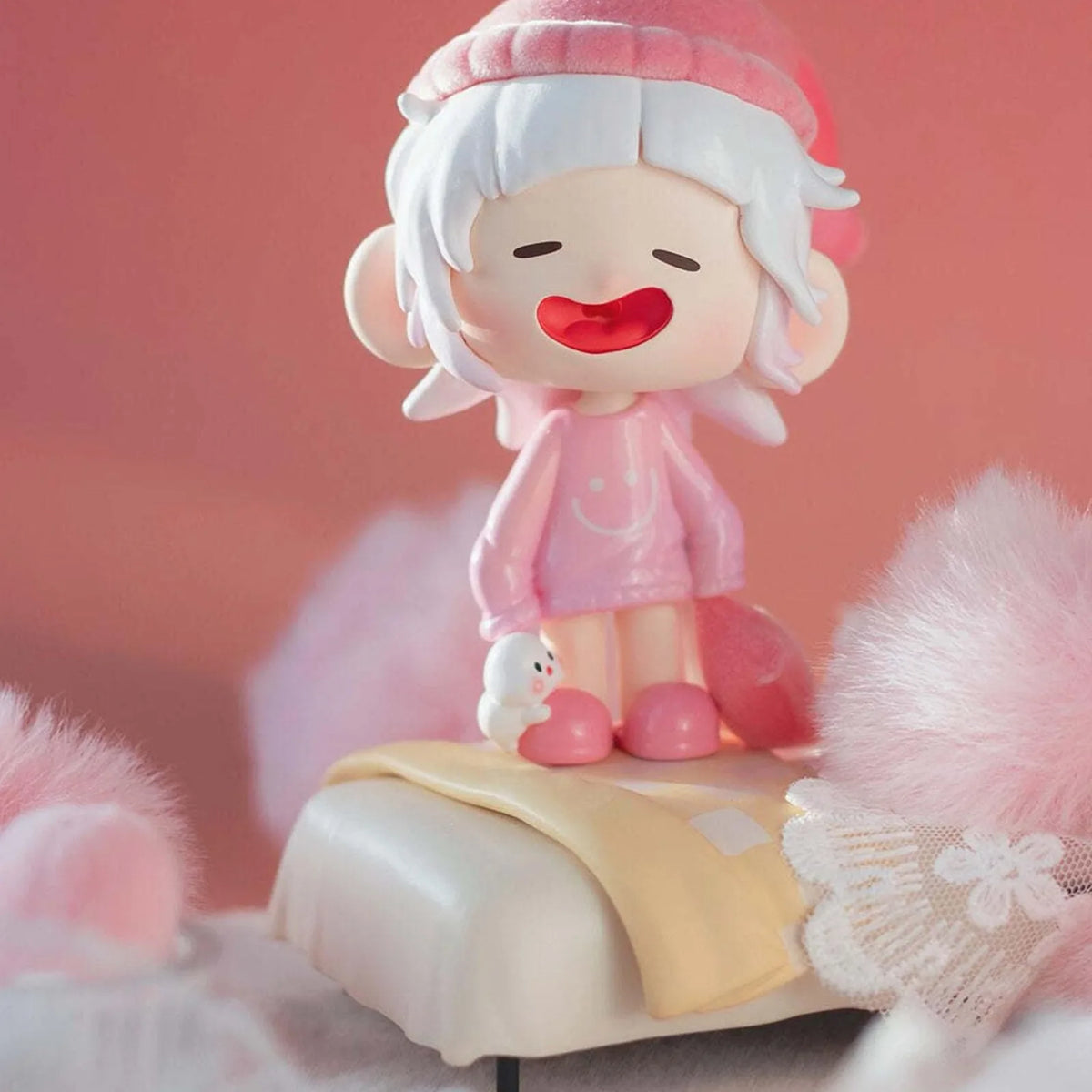 Pink Dream nightcap figure and bedroom display details; photographed design example, not guaranteed