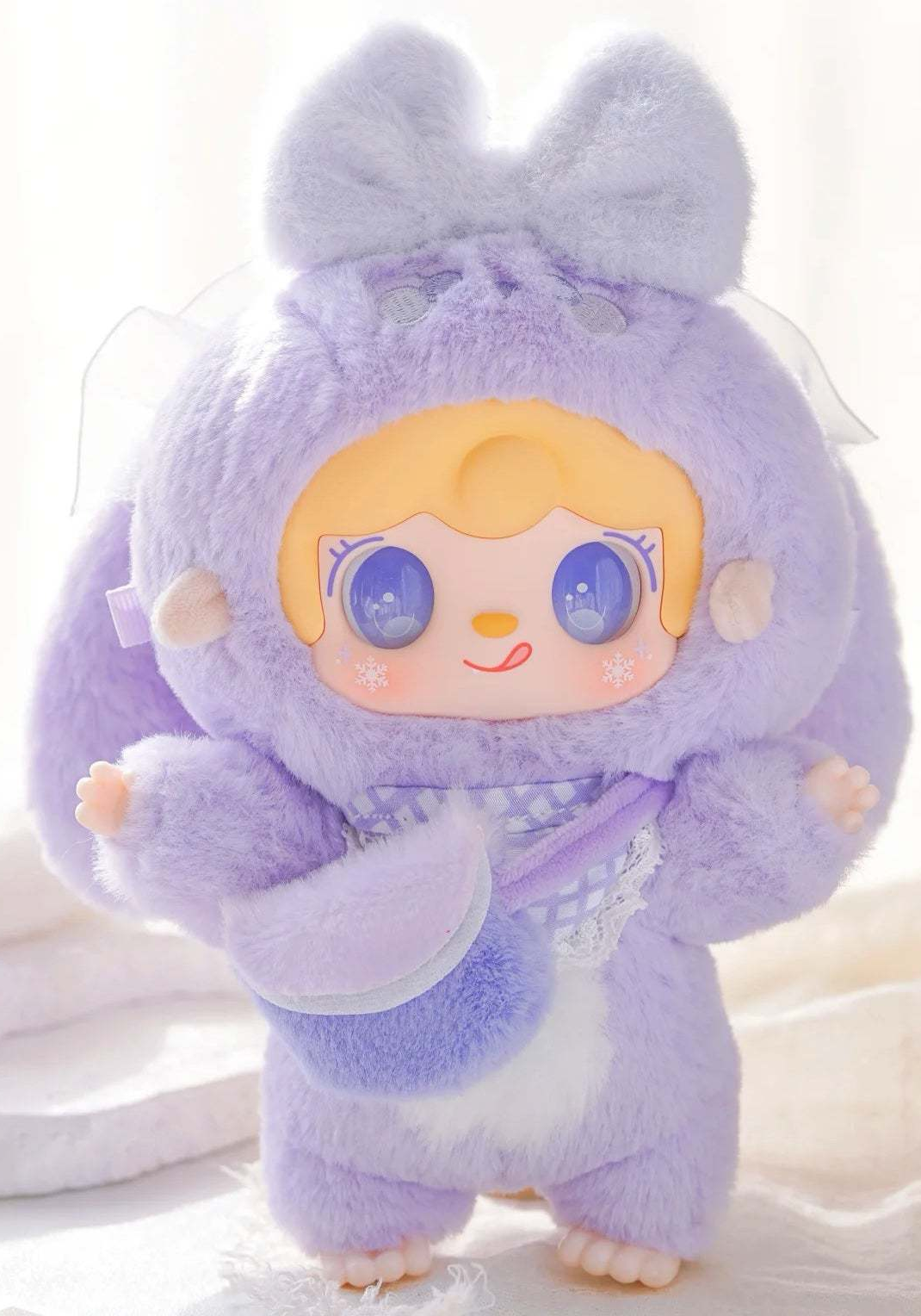 Complete Yooki V3 purple plush design example with both ears, face, front body, hands, bag and feet; random purchases do not guarantee this design