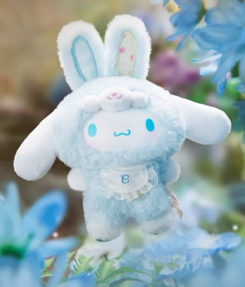Complete Elf Bunny Baby light blue plush design example with both upper rabbit ears, face, front body, arms and feet; random purchases do not guarantee this design